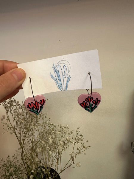Kactus Blue Flowet Heart Clay Earrings
