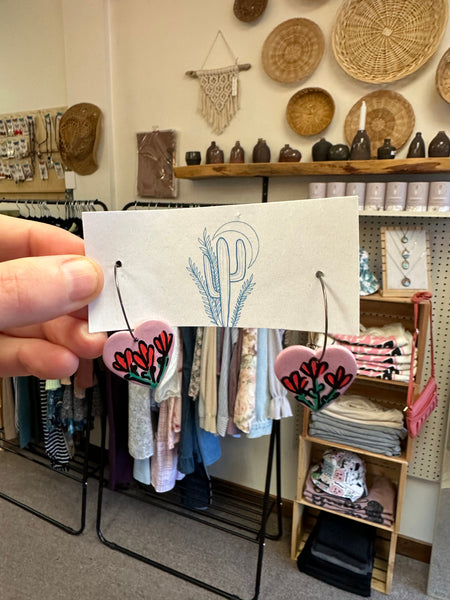 Kactus Blue Flowet Heart Clay Earrings