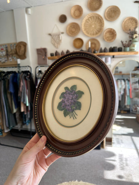 Vintage Round Framed Violet Embroidery Wall Art