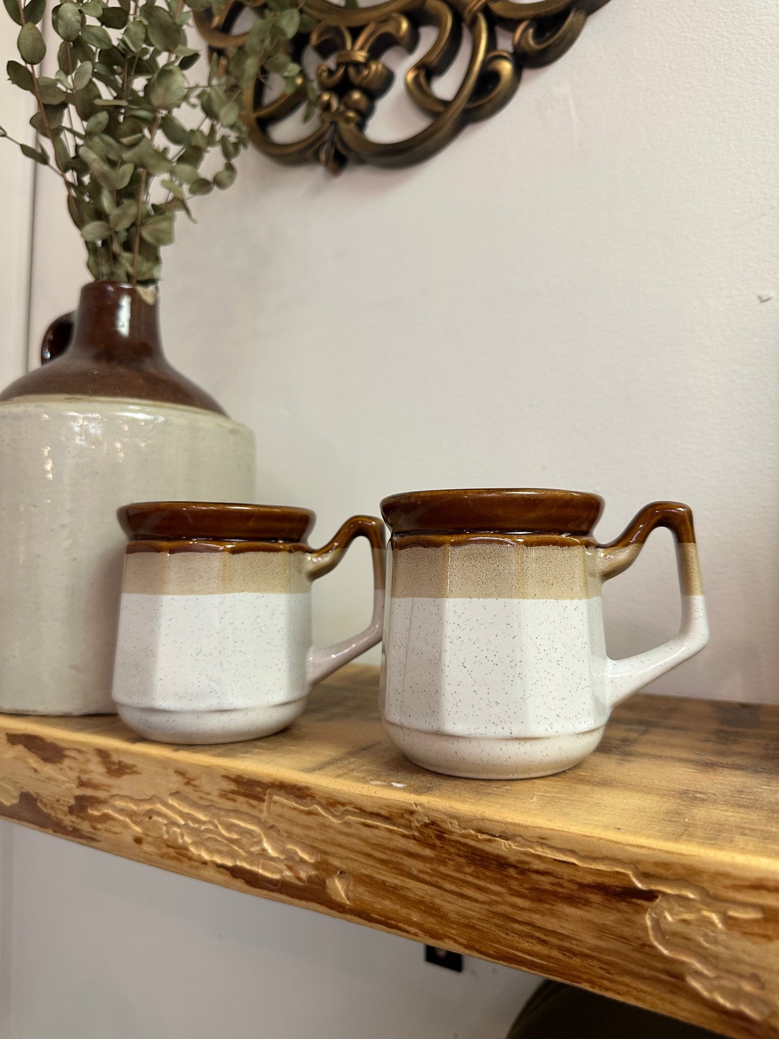 Vintage 70s Two Toned Ceramic Coffee Mugs Set of 2