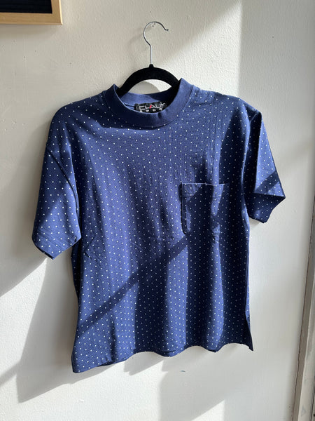 Vintage 80s Blue Polka Dot Cotton T-Shirt