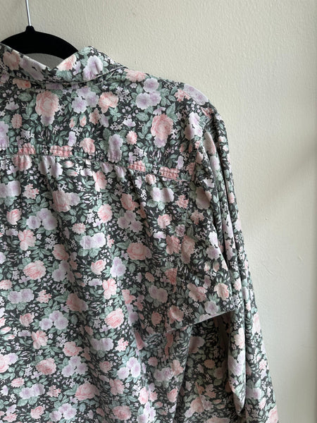 Vintage 80s Pastel Floral Cotton Button Up Long Sleeve Top