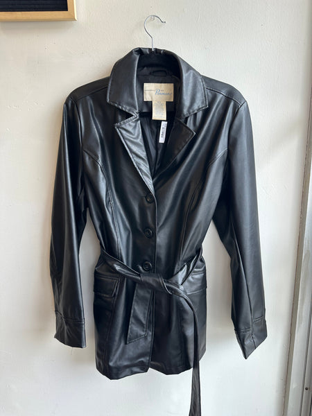 Vintage 90s Button Up Leather Jacket with Tie at Waist