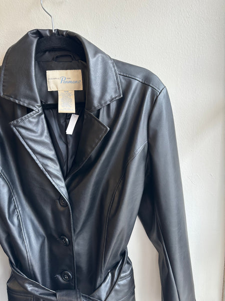 Vintage 90s Button Up Leather Jacket with Tie at Waist