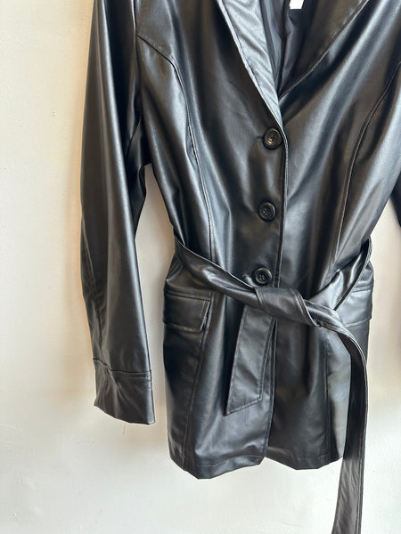 Vintage 90s Button Up Leather Jacket with Tie at Waist