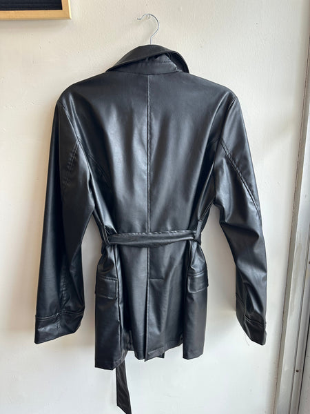 Vintage 90s Button Up Leather Jacket with Tie at Waist