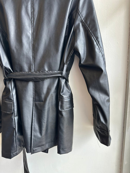 Vintage 90s Button Up Leather Jacket with Tie at Waist