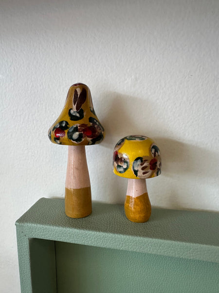 Folk Art Hand Painted Wooden Mushrooms Set of 2 (Yellow)