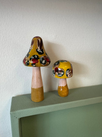 Folk Art Hand Painted Wooden Mushrooms Set of 2 (Yellow)