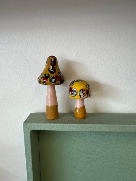 Folk Art Hand Painted Wooden Mushrooms Set of 2 (Yellow)