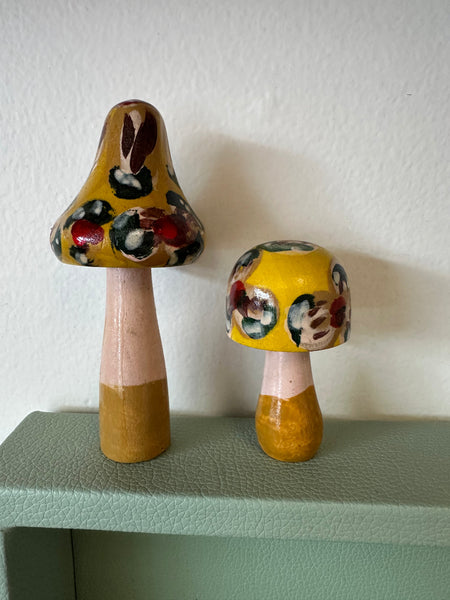 Folk Art Hand Painted Wooden Mushrooms Set of 2 (Yellow)