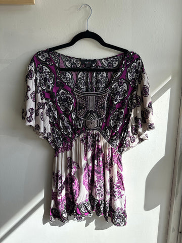 Vintage Y2K Empire Waist Pink Floral Patterned Top | Size Medium