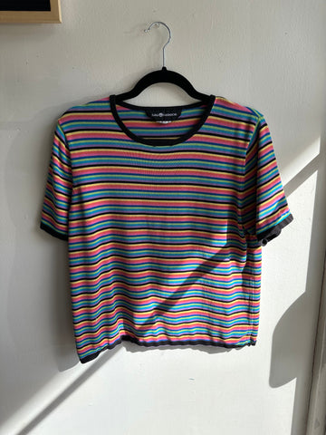 Vintage 90s Striped Colourful Knit T-Shirt | Size Medium