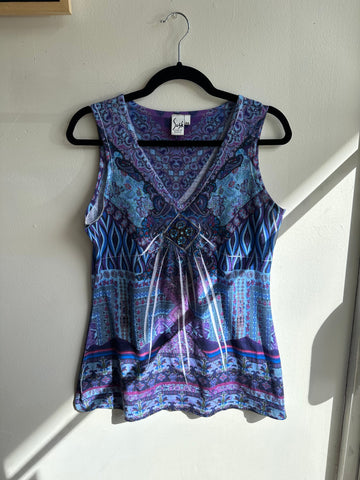 Vintage Y2K Blue Eclectic Patterned Tank Top | Size Medium