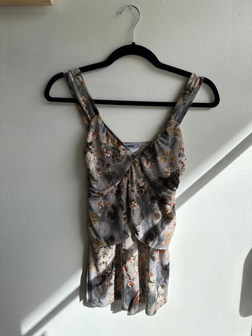 Vintage Y2K Grey Brown Floral Tiered Abstract Tank Top | Size Medium