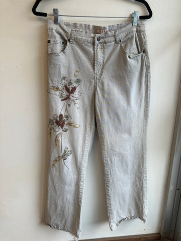 Vintage Y2 Blue Brand Floral Beaded Embroidered Light Gray Wide-Leg Jeans | Size 30
