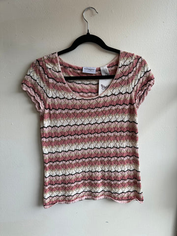 Vintage Villager Knit Tee with Pink Brown Multi-Color Striped Pattern | Size Medium