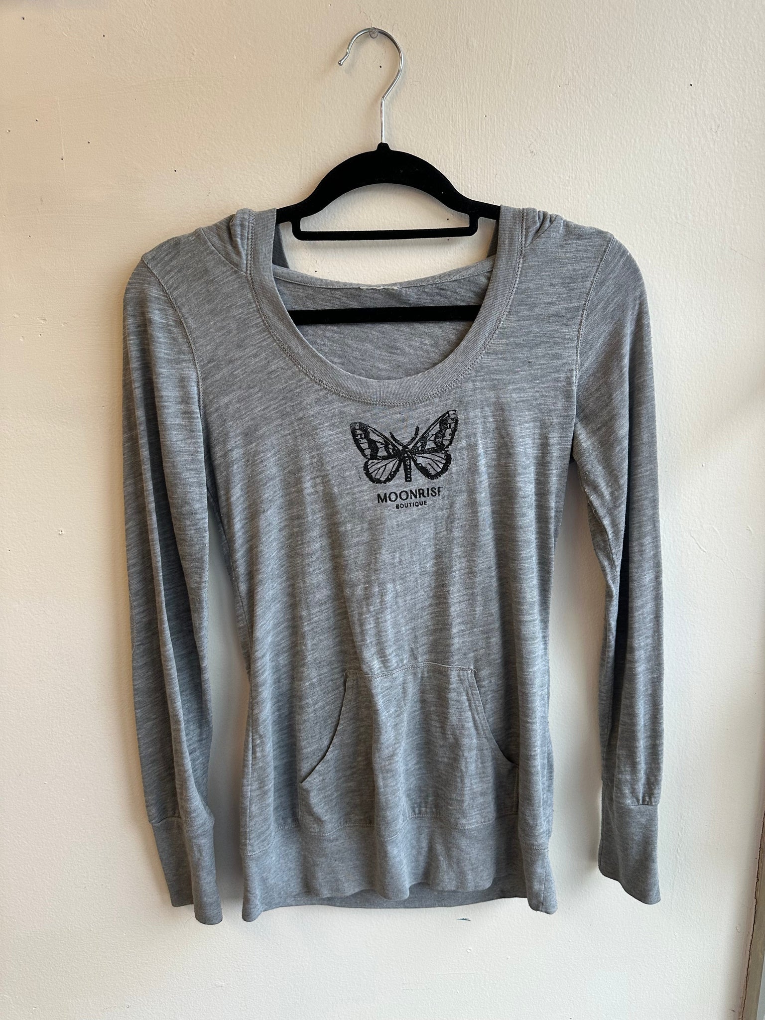 Moonrise Hand Stamped Grey Hooded Long Sleeve | Size small