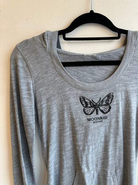 Moonrise Hand Stamped Grey Hooded Long Sleeve | Size small