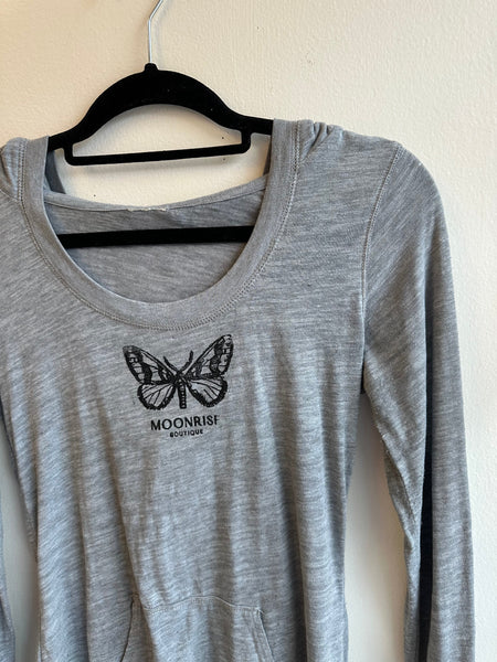 Moonrise Hand Stamped Grey Hooded Long Sleeve | Size small