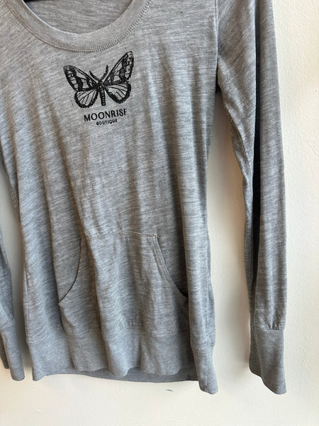 Moonrise Hand Stamped Grey Hooded Long Sleeve | Size small