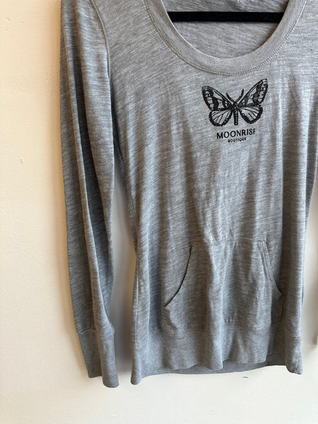 Moonrise Hand Stamped Grey Hooded Long Sleeve | Size small