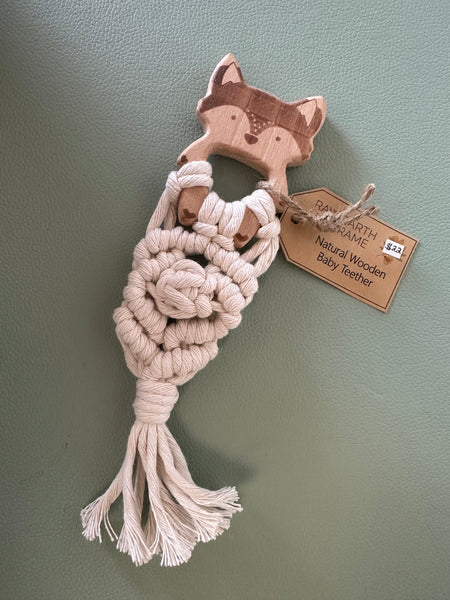 Raw Earth Handmade Raccoon Wooden Macrame Teether