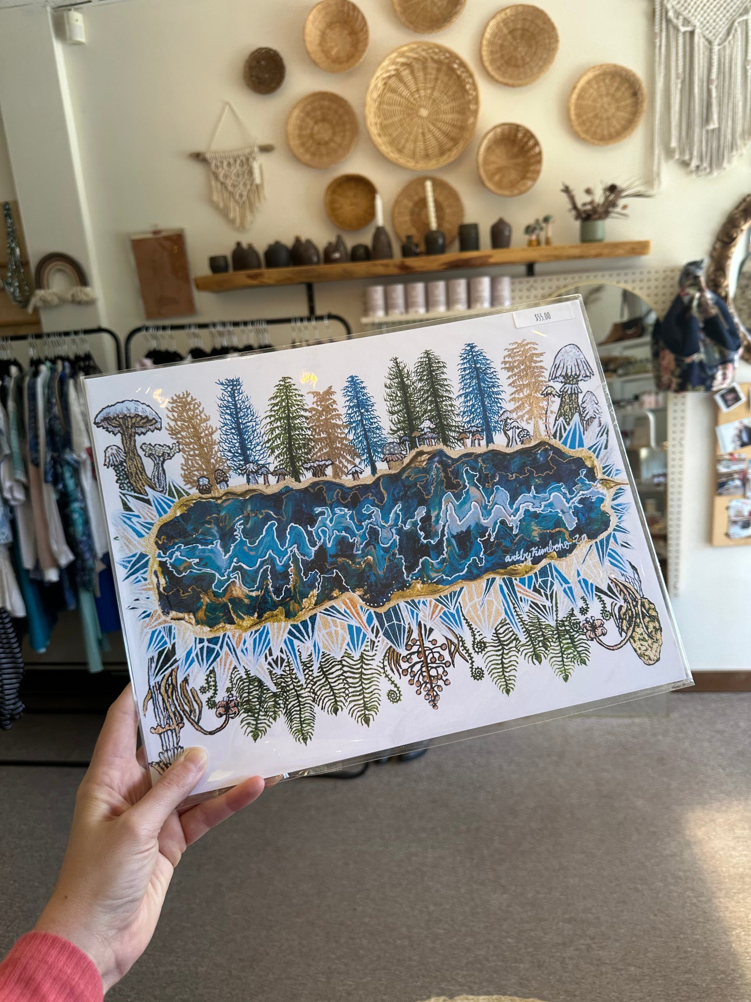 Kimboho Art Print Blue Green Trees 14” x 11”