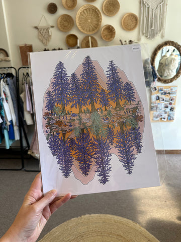Kimboho Art Print Purple Trees Orange Mountains 14” x 11”