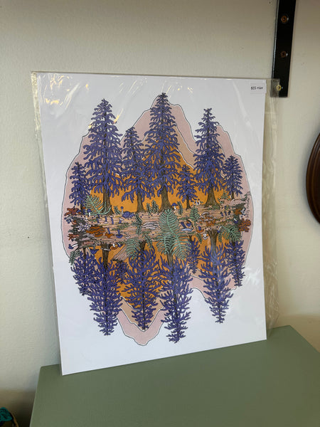 Kimboho Art Print Purple Trees Orange Mountains 14” x 11”