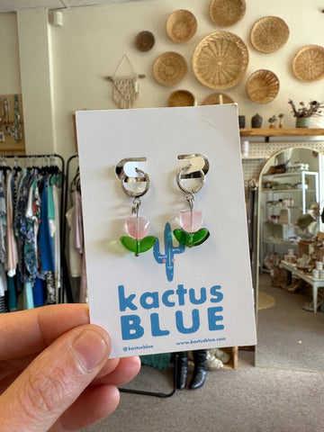 Kactus Blue Silver Tulip Hoop Earrings