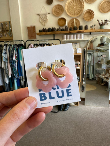 Kactus Blue Gold Hoop Pink Flower Earrings