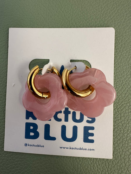 Kactus Blue Gold Hoop Pink Flower Earrings