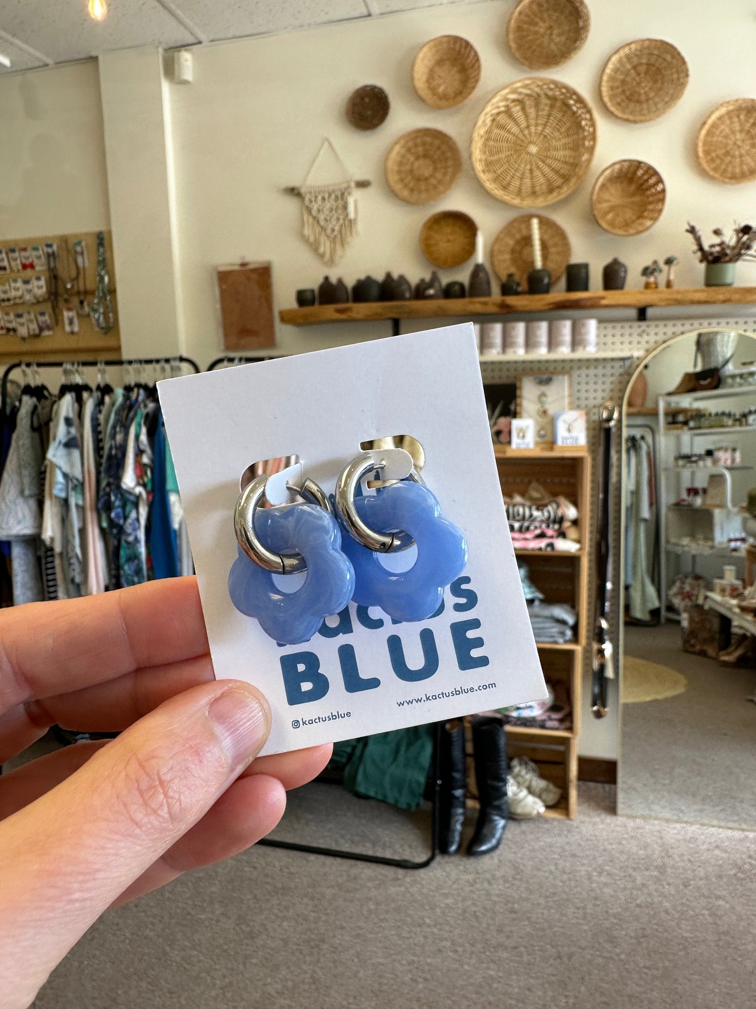 Kactus Blue - Silver Hoop Blue Flower Earrings