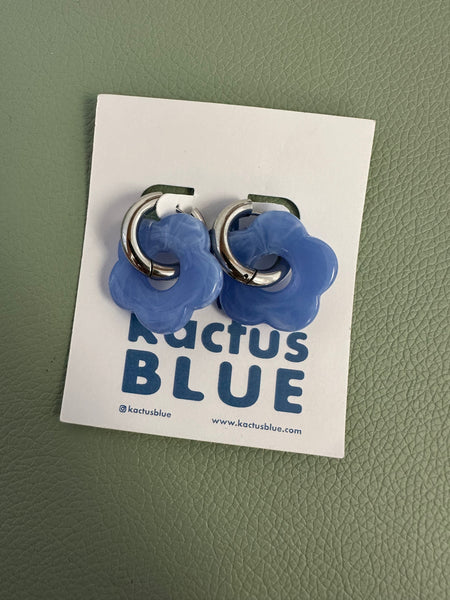 Kactus Blue - Silver Hoop Blue Flower Earrings