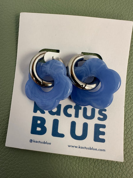Kactus Blue - Silver Hoop Blue Flower Earrings