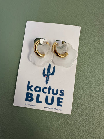 Kactus Blue - Gold Hoop White Flower Earrings