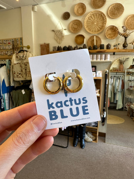 Kactus Blue - Gold Chunky Hoop Earrings with Crystal Details