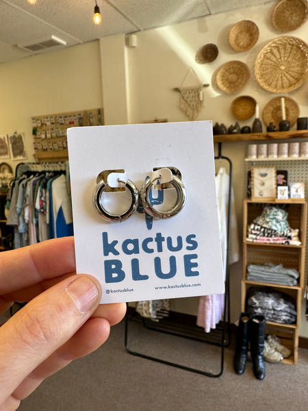 Kactus Blue - Silver Chunky Hoop Earrings with Crystal Details