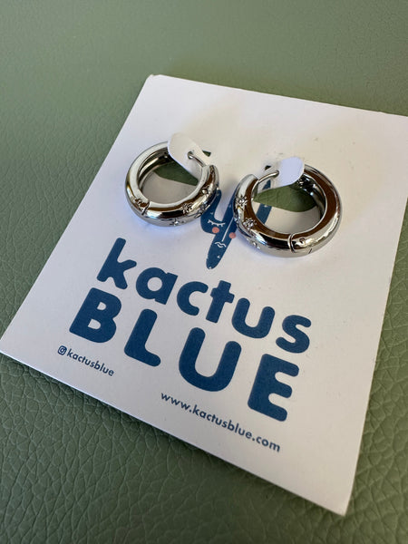 Kactus Blue - Silver Chunky Hoop Earrings with Crystal Details