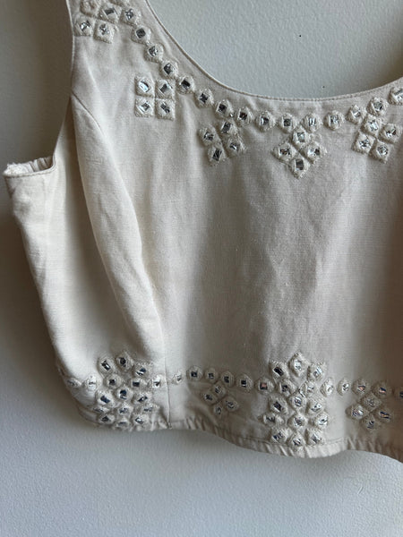 Embellished Beige Cropped Tank Top | Size Large