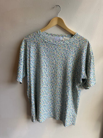 Vintage 80s Blue + Pink Flower Tee Shirt | Size Medium