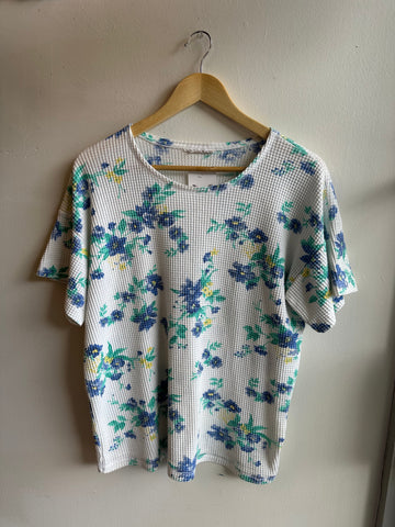 Vintage Blue + Green Waffle Knit Floral T-Shirt | Size Large