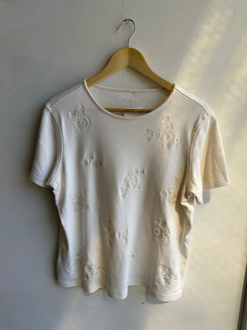 Vintage Cream Embroidered Flower T-Shirt | Size Large