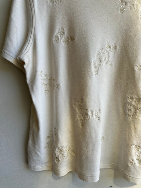 Vintage Cream Embroidered Flower T-Shirt | Size Large