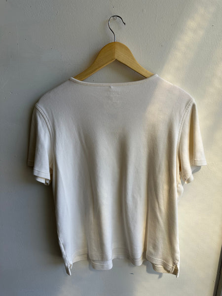 Vintage Cream Embroidered Flower T-Shirt | Size Large