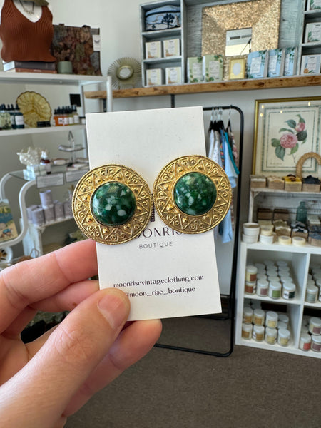 Vintage Golden Sun Patterned Green Stone Statement Earrings