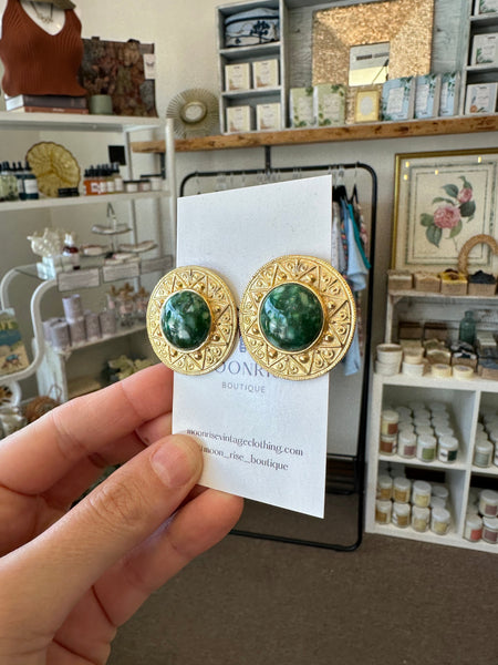 Vintage Golden Sun Patterned Green Stone Statement Earrings