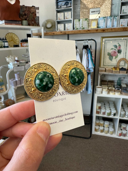 Vintage Golden Sun Patterned Green Stone Statement Earrings