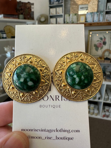 Vintage Golden Sun Patterned Green Stone Statement Earrings